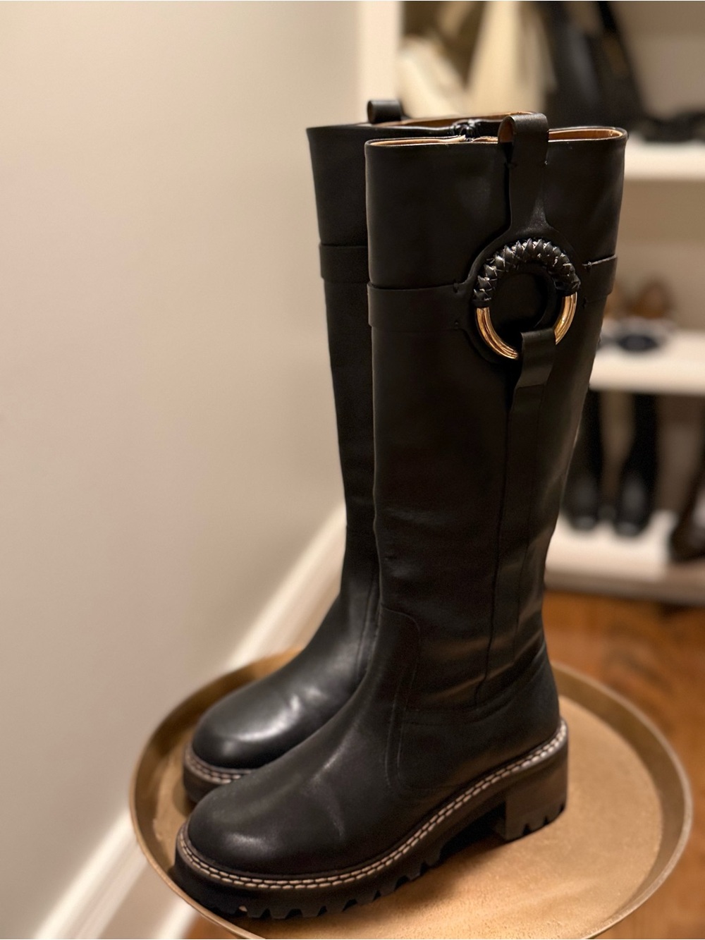 See By Chloe Black Leather Knee-High Riding Boots with Braided Ring